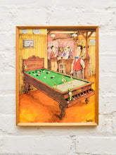Load image into Gallery viewer, Vintage Tony Escott Framed Cartoon Illustration Print Pub Billiards Scene (c. 1960s–70s
