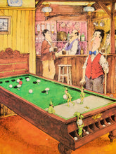 Load image into Gallery viewer, Vintage Tony Escott Framed Cartoon Illustration Print Pub Billiards Scene (c. 1960s–70s

