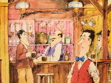 Load image into Gallery viewer, Vintage Tony Escott Framed Cartoon Illustration Print Pub Billiards Scene (c. 1960s–70s
