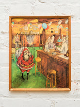 Load image into Gallery viewer, Vintage Tony Escott Framed Cartoon Illustration Print Santa at the Pub Billiards Scene (c. 1960s–70s)
