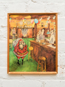 Vintage Tony Escott Framed Cartoon Illustration Print Santa at the Pub Billiards Scene (c. 1960s–70s)