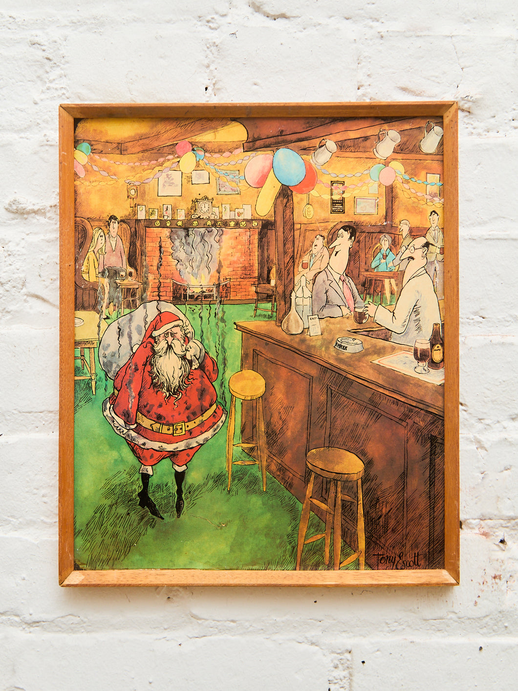 Vintage Tony Escott Framed Cartoon Illustration Print Santa at the Pub Billiards Scene (c. 1960s–70s)