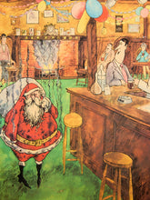 Load image into Gallery viewer, Vintage Tony Escott Framed Cartoon Illustration Print Santa at the Pub Billiards Scene (c. 1960s–70s)
