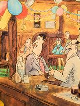 Load image into Gallery viewer, Vintage Tony Escott Framed Cartoon Illustration Print Santa at the Pub Billiards Scene (c. 1960s–70s)
