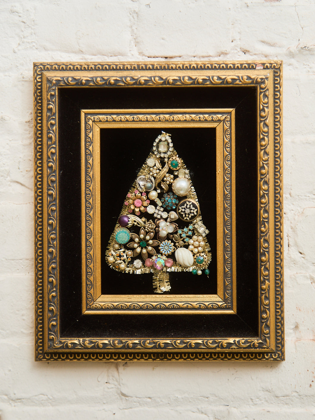 Framed Mid-Century Jewelry Christmas Tree Collage
