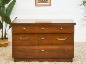 Mid-Century Modern Walnut 6-Drawer Dresser with Chrome Pulls