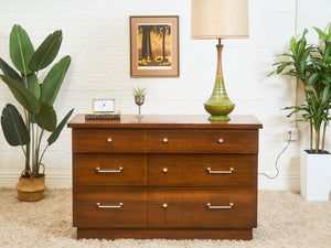 Mid-Century Modern Walnut 6-Drawer Dresser with Chrome Pulls