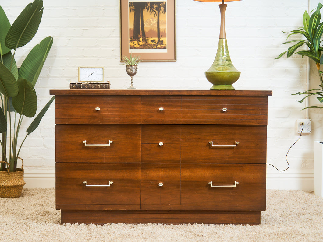 Mid-Century Modern Walnut 6-Drawer Dresser with Chrome Pulls