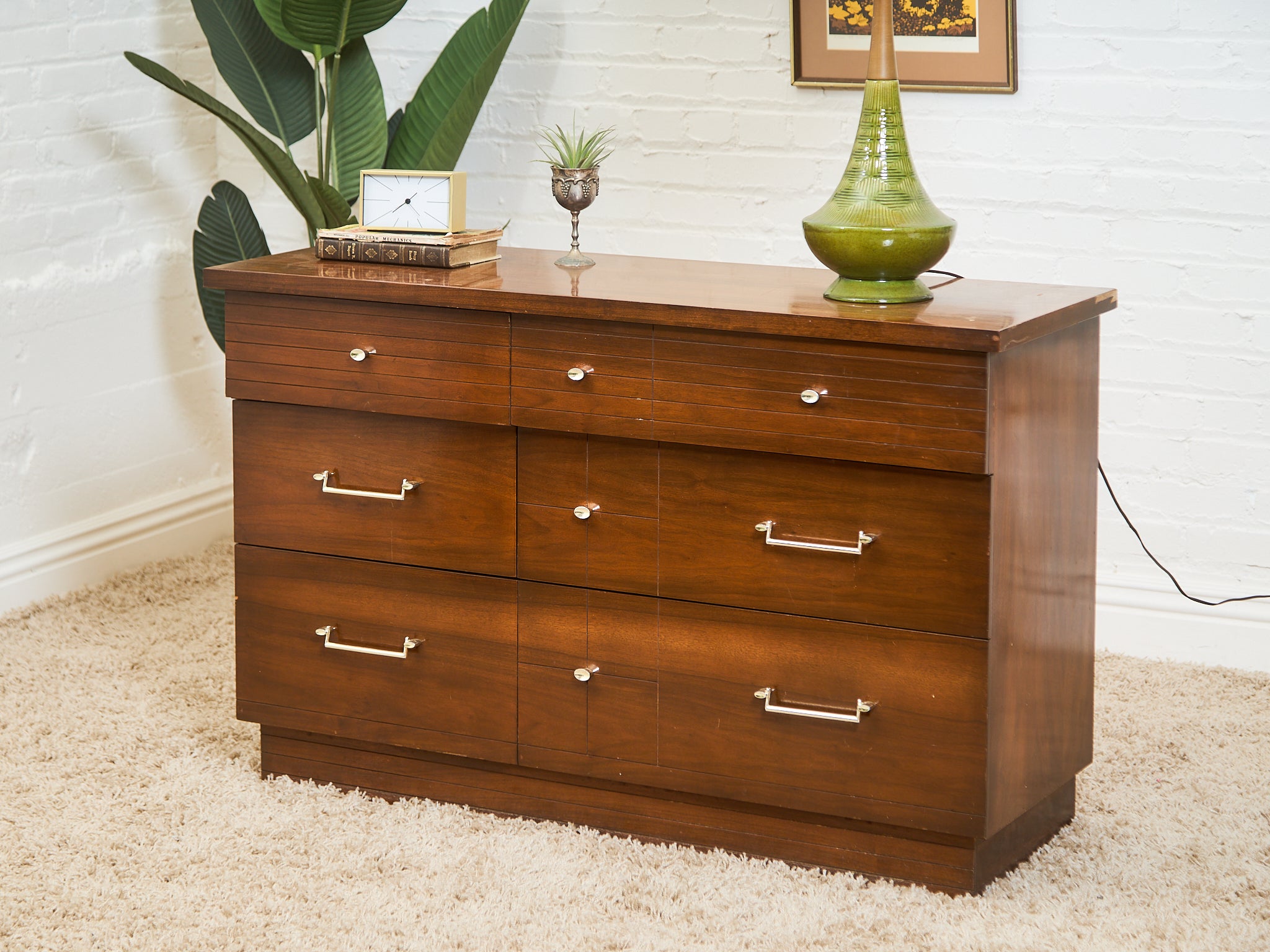 Mid-Century Modern Walnut 6-Drawer Dresser with Chrome Pulls Sunbeam Vintage Mid-Century Modern Walnut 6-Drawer Dresser with Chrome Pulls Sunbeam Vintage