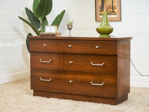 Mid-Century Modern Walnut 6-Drawer Dresser with Chrome Pulls