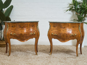 French Bombay Vintage Green Marble Top Nightstands