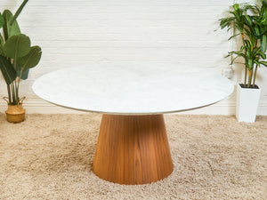 63” Walnut Base Marble Top Pedestal Base Dining Table