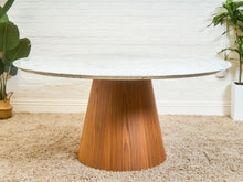 Load image into Gallery viewer, 63” Walnut Base Marble Top Pedestal Base Dining Table
