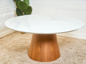 63” Walnut Base Marble Top Pedestal Base Dining Table