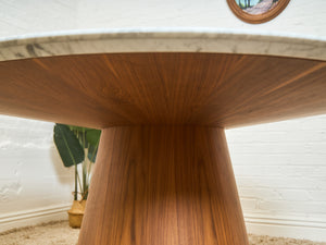 63” Walnut Base Marble Top Pedestal Base Dining Table