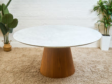 Load image into Gallery viewer, 63” Walnut Base Marble Top Pedestal Base Dining Table
