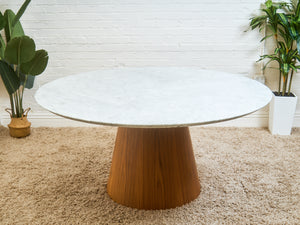 63” Walnut Base Marble Top Pedestal Base Dining Table