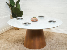 Load image into Gallery viewer, 63” Walnut Base Marble Top Pedestal Base Dining Table
