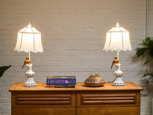 Load image into Gallery viewer, Pair of Whimsical Ceramic Bird Table Lamps with Pleated Shades

