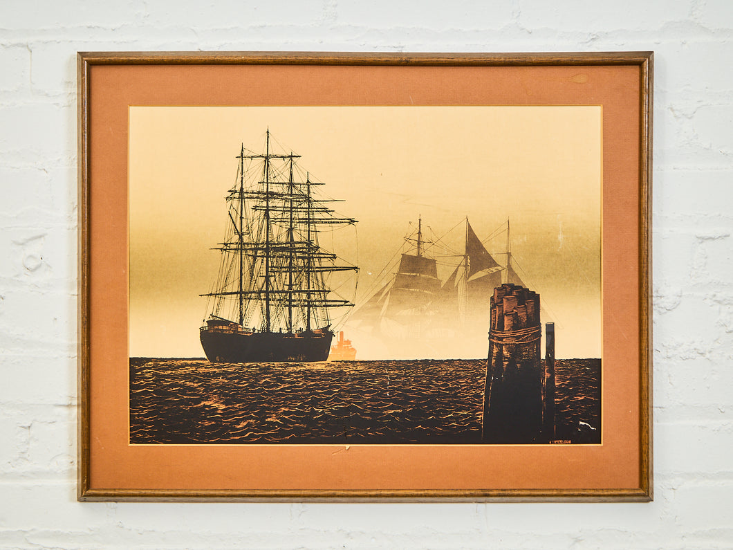 Misty Harbor With Tall Ships Maritime Silhouette Print