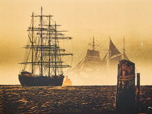 Load image into Gallery viewer, Misty Harbor With Tall Ships Maritime Silhouette Print
