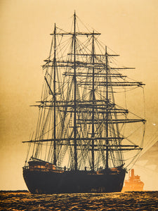 Misty Harbor With Tall Ships Maritime Silhouette Print