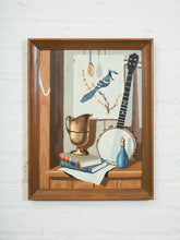 Load image into Gallery viewer, Still Life with Banjo and Blue Jay Folk Art Americana Painting
