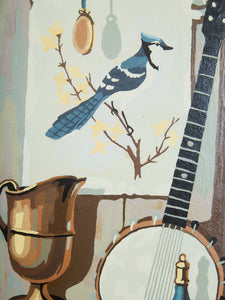 Still Life with Banjo and Blue Jay Folk Art Americana Painting