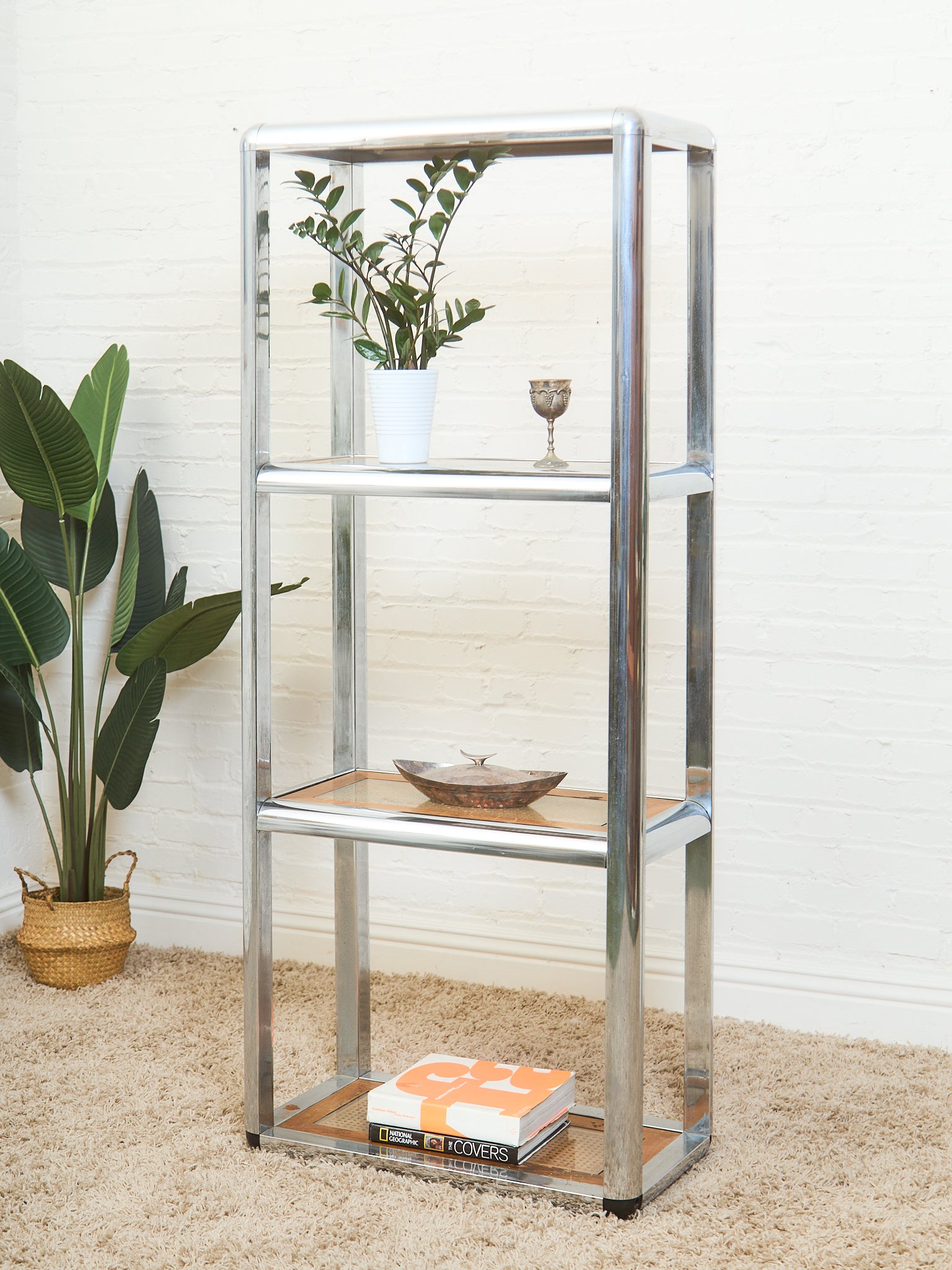 Milo Baughman Design Institute Tubular Chrome Caned Etagere  display picture 1