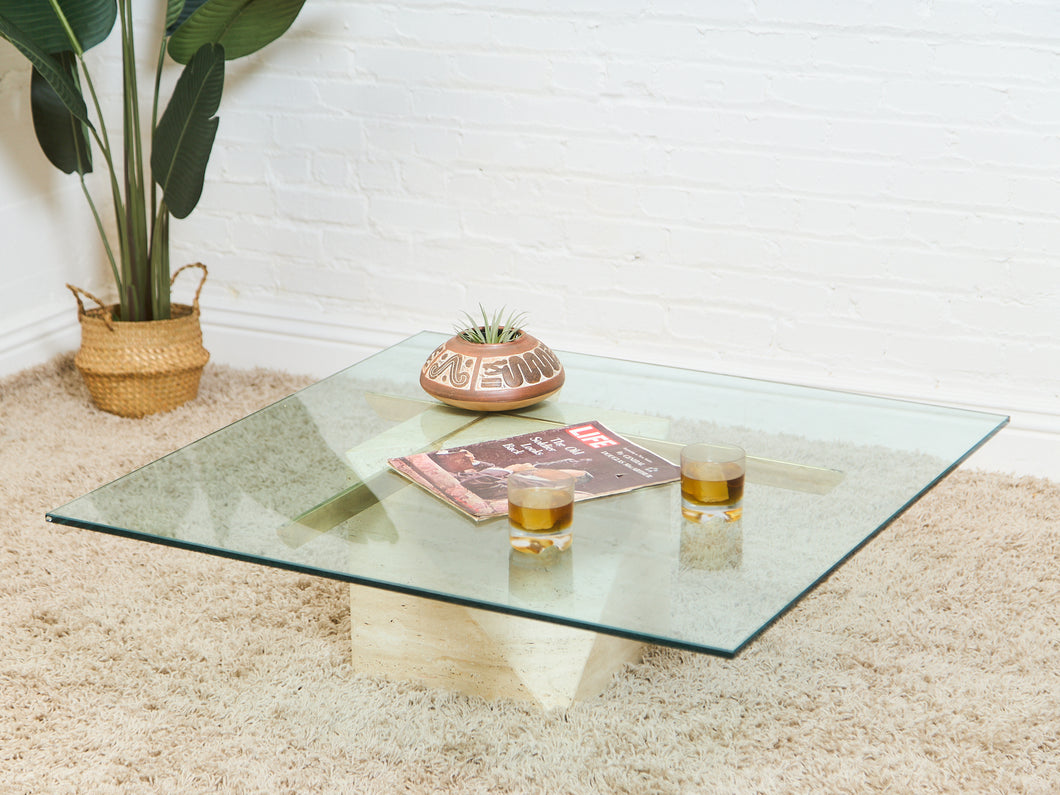 1970s Artedi Travertine and Brass Coffee Table With Glass Top Made in Italy