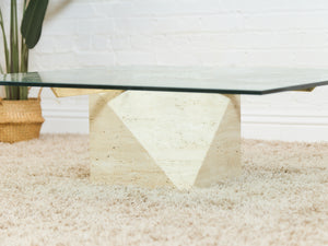1970s Artedi Travertine and Brass Coffee Table With Glass Top Made in Italy