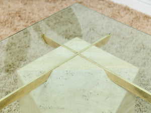 1970s Artedi Travertine and Brass Coffee Table With Glass Top Made in Italy