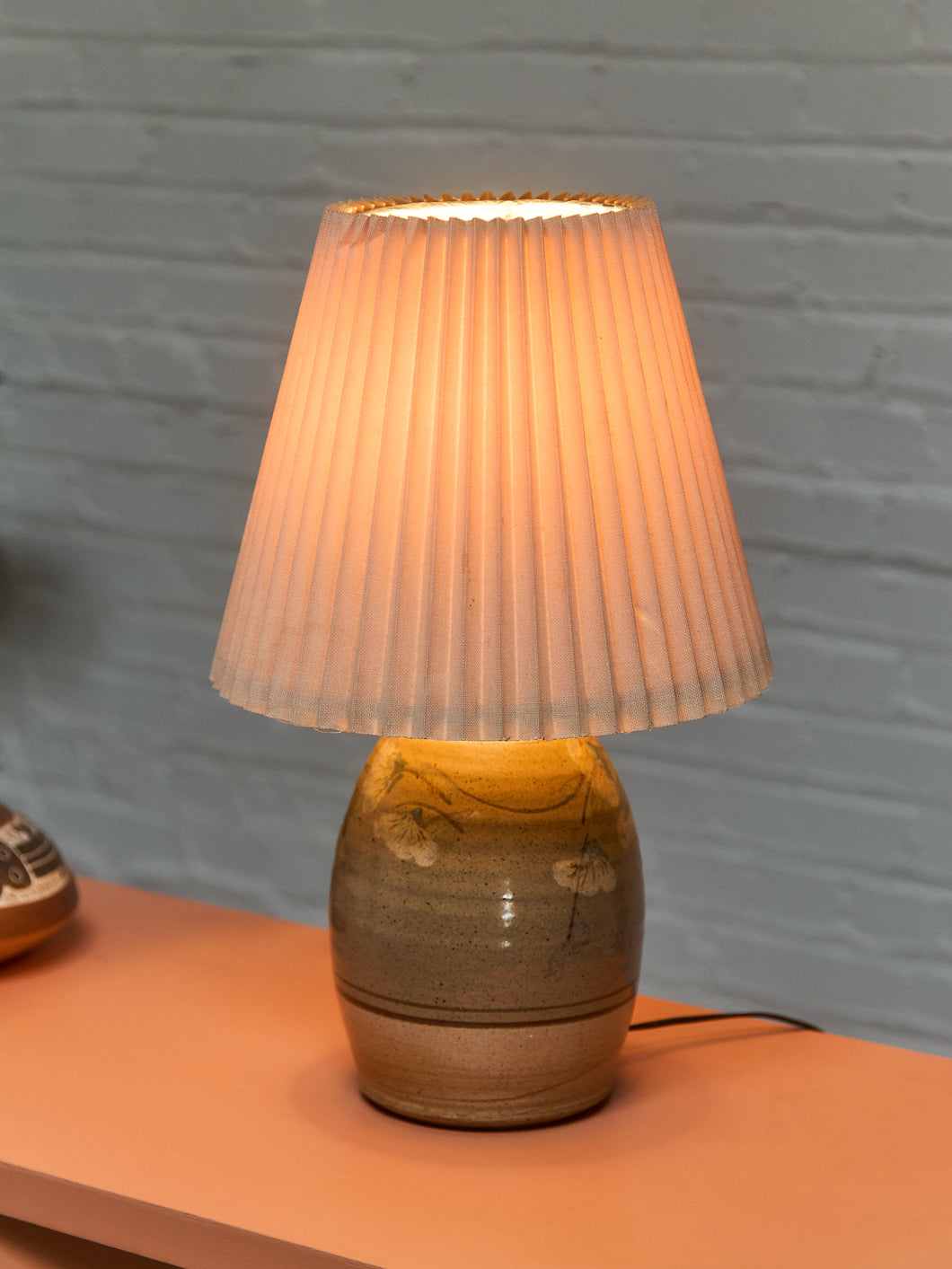 Vintage Studio Pottery Lamp with Pleated Shade 1970s Organic Modern