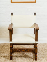 Load image into Gallery viewer, Spanish Revival Carved Wood Armchair with Cream Upholstery
