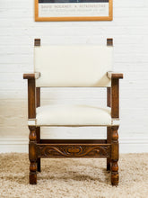Load image into Gallery viewer, Spanish Revival Carved Wood Armchair with Cream Upholstery
