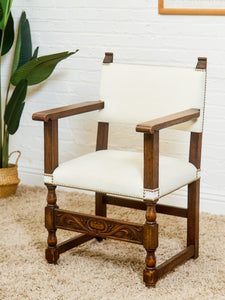 Spanish Revival Carved Wood Armchair with Cream Upholstery