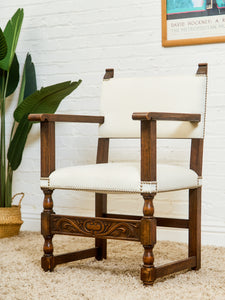 Spanish Revival Carved Wood Armchair with Cream Upholstery