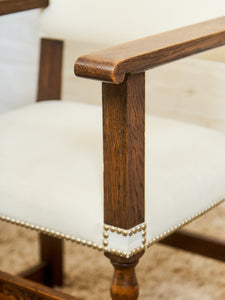 Spanish Revival Carved Wood Armchair with Cream Upholstery
