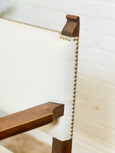 Spanish Revival Carved Wood Armchair with Cream Upholstery