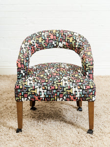 Set of Mid-Century Barrel Arm Chairs in Abstract Upholstery