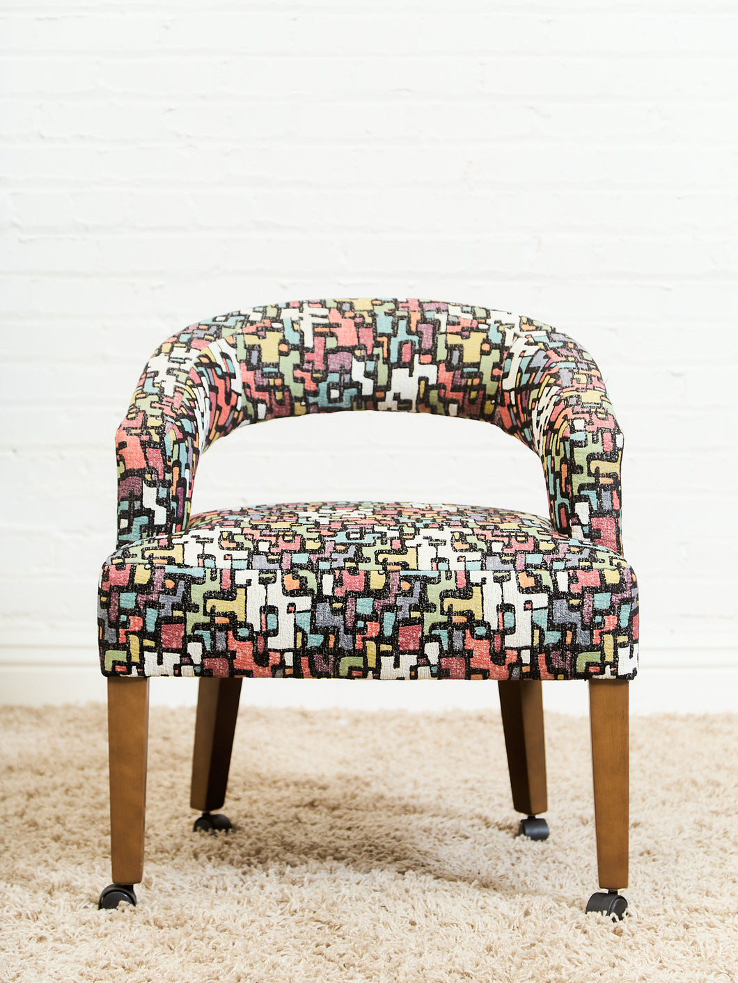 Set of Mid-Century Barrel Arm Chairs in Abstract Upholstery