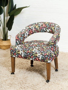 Set of Mid-Century Barrel Arm Chairs in Abstract Upholstery