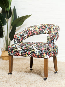 Set of Mid-Century Barrel Arm Chairs in Abstract Upholstery
