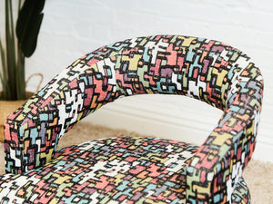 Set of Mid-Century Barrel Arm Chairs in Abstract Upholstery