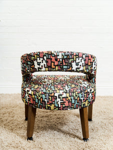 Set of Mid-Century Barrel Arm Chairs in Abstract Upholstery