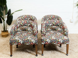 Set of Mid-Century Barrel Arm Chairs in Abstract Upholstery