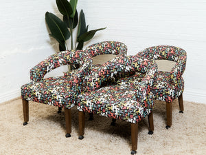 Set of Mid-Century Barrel Arm Chairs in Abstract Upholstery