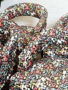 Set of Mid-Century Barrel Arm Chairs in Abstract Upholstery
