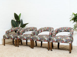 Set of Mid-Century Barrel Arm Chairs in Abstract Upholstery