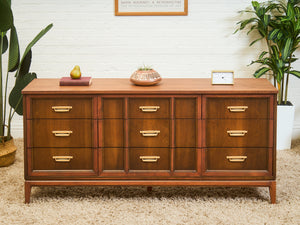 Mid-Century Walnut Long Dresser with Sculpted Details and Brass Pulls